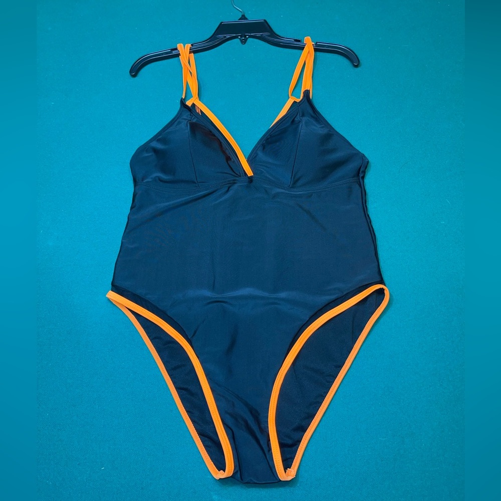 Shein Black w/Orange Piping One Piece Bathing Suit Tie Back Deep V neck 1XL